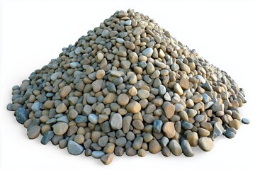 Heap of smooth gray pebbles, natural stone texture, isolated on white background.