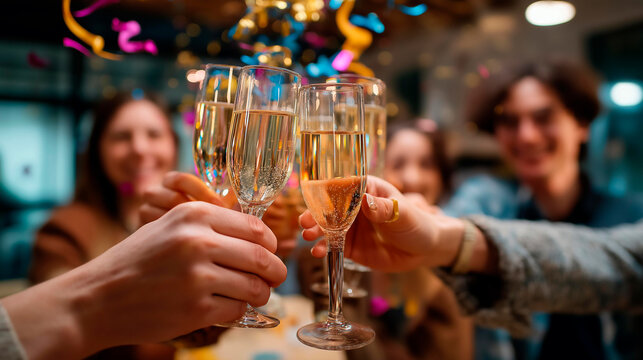 Faceless friends celebrating with colorful shots at New Year's Eve party defocused background with confetti and streamers festive toast moment holiday celebration atmosphere