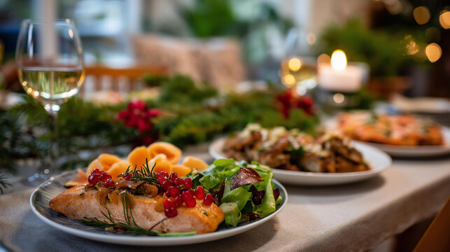 New Year eve 2025 Christmas food menu faceless festive table setting defocused holiday breakfast lunch dinner background place setting display celebration preparation with cop