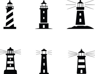Lighthouse silhouette set, beacon tower illustration, coastal navigation icon, sea safety light design, maritime symbol collection, black vector lighthouse art