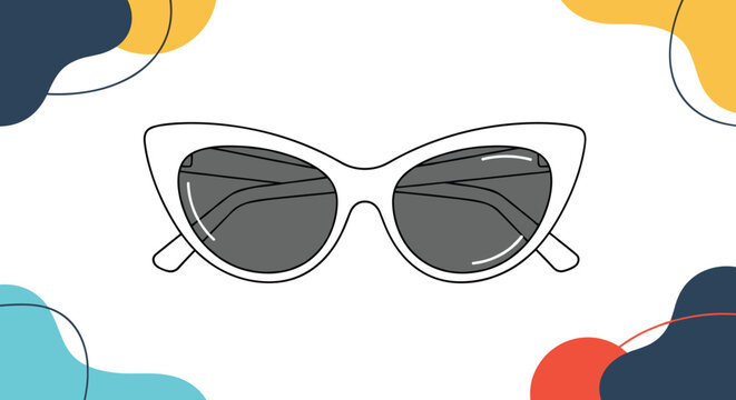 Stylized white cat-eye sunglasses with dark lenses on a white background with abstract colorful shapes.