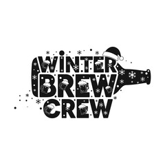 Winter brew crew bottle typography design with beer mugs, snowflakes, and Santa hat in simple modern vector style
