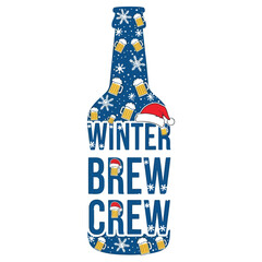 Winter brew crew bottle typography design with beer mugs, snowflakes, and Santa hat in simple modern vector style