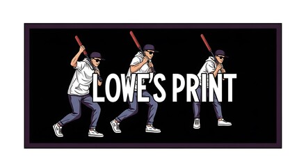 Obraz premium Baseball player in motion, swinging a bat, with the text lowes print superimposed on the image, depicting a sequence of actions in a stylized illustration