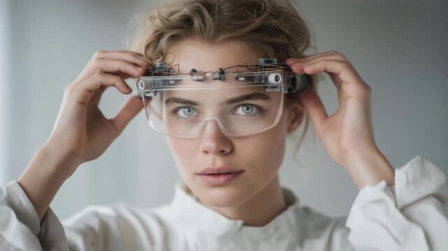 Engineer testing wearable neural sensors for mind-controlled robotics, emotion of focus visible, representing brain-computer interfaces, AI systems, and future human enhancement. cinematic color