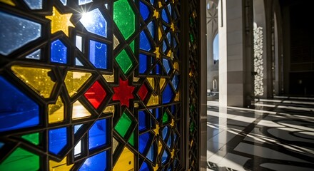 Close-up of Vibrant Islamic Geometric Stained Glass Window with Sunlight