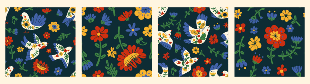 Set seamless scandinavian pattern with folk flowers spring birds animals.