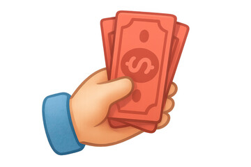 Hand holding red money bills with dollar sign, payment, currency, finance, and wealth concept on transparent background