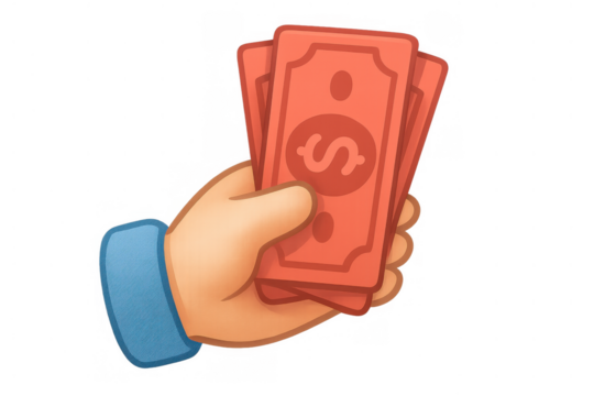 Hand holding red money bills with dollar sign, payment, currency, finance, and wealth concept on transparent background