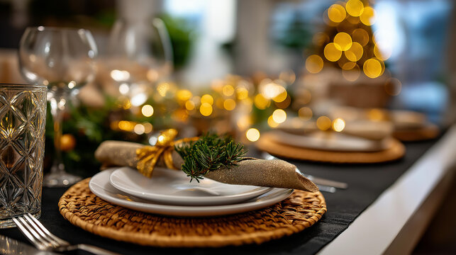 New Year eve 2025 Christmas food menu faceless festive table setting defocused holiday breakfast lunch dinner background place setting display celebration preparation with cop