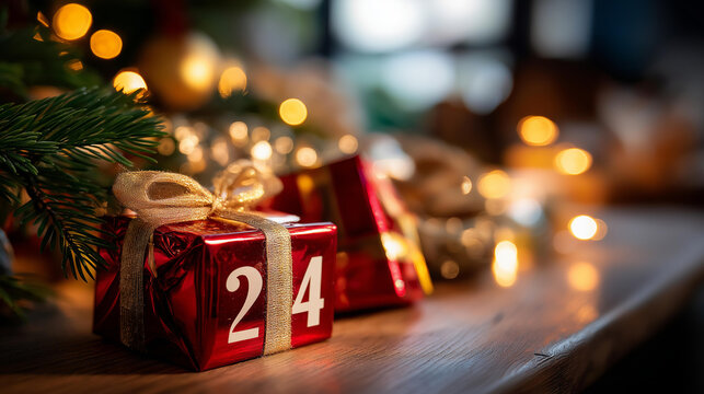 Date December 24 on calendar with wrapped gifts faceless composition defocused christmas tree with decorations in background Christmas eve time concept holiday countdown visual