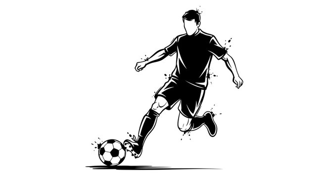 Dynamic monochrome illustration of a soccer player kicking a ball with energy and style