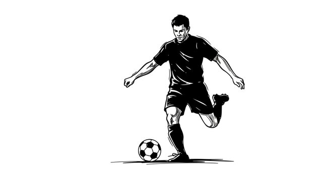 Dynamic monochrome illustration depicting a soccer player poised to kick a ball with focused energy - Powered by Adobe