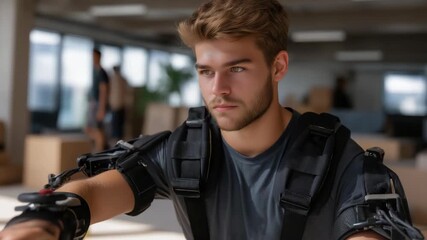 Futuristic research center conducting trials of robotic exoskeletons for warehouse logistics, emotion of determination and technological curiosity visible, representing smart industry solutions, - Powered by Adobe