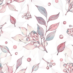 Watercolor seamless pattern with purple and pink bouquets. Bouquets of pink and purple lilies with berries. Hand-drawn print for design and decoration. Suitable for wrapping paper and textiles.