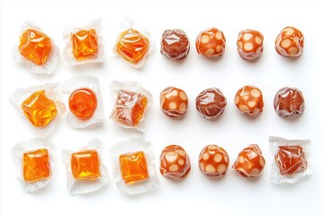 Rows of orange and brown caramel candies, some wrapped in transparent plastic, on white background.