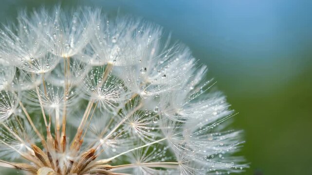 Macro close-up of a dandelion flower with delicate white seeds, detailed texture of filaments, soft blur green blue background