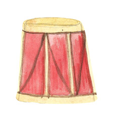 Watercolor drum illustration isolated. Drum with yellow and red colors.