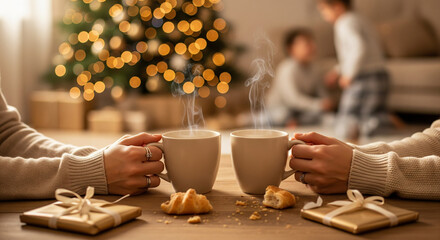 Elegant Cozy Holiday Morning with Coffee, Wrapping Paper, Warm Glow & Pajama Play by the Tree for editorial magazine feature, lifestyle website hero image, seasonal social post, hospitality campaign