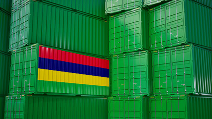 Cargo shipping container with Mauritius flag, shipping and freight transportation of Mauritius concept.