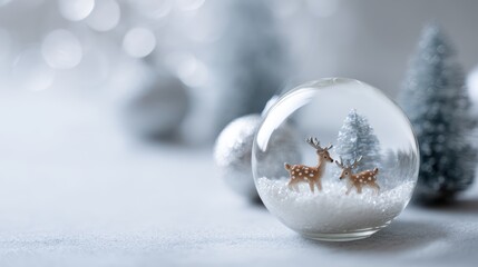 Festive winter setting with deer inside snow globe, pine tree decorations, cozy holiday atmosphere, copy space