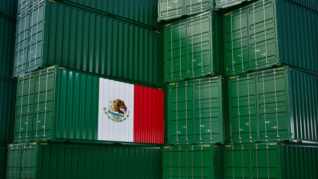 Cargo shipping container with mexico flag, shipping and freight transportation of mexico concept.