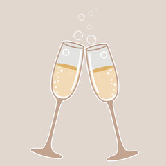 Minimalistic champagne glasses, bubbles, simple elegant shapes, flat vector