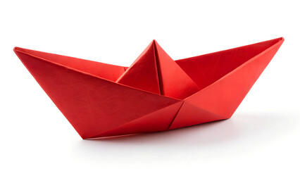 Red origami paper boat on white background, symbol of creativity, leadership, individuality, and starting new journey — conceptual minimalist photo for business startups, innovation, motivation themes