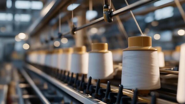 Industrial interior showcasing automated weaving lines managed by AI algorithms, emotion of control and technological excellence visible, symbolizing the future of textile manufacturing, smart