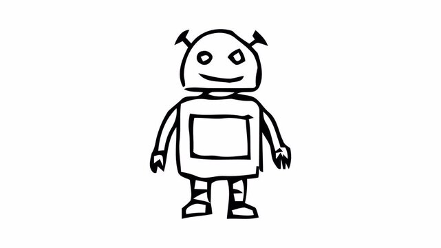 Hand-drawn doodle animation of a friendly robot character, minimalist black line sketch with alpha channel on transparent background.