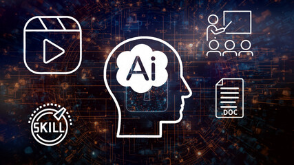 Artificial Intelligence capabilities concept. AI brain in head silhouette with icons for e-learning, video generation, upskilling, and content writing.