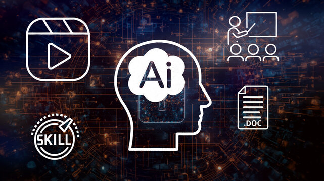 Artificial Intelligence capabilities concept. AI brain in head silhouette with icons for e-learning, video generation, upskilling, and content writing.