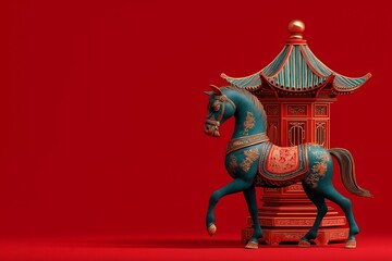 Colorful Chinese Horse Figurine with Decorative Pavilion Background