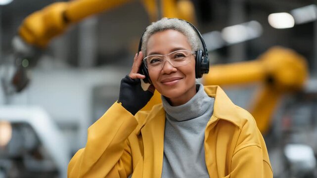 Mature worker with protective gloves and headset analyzing predictive maintenance dashboards beside robotic arms, emotion of confidence visible, representing knowledge transfer and technological