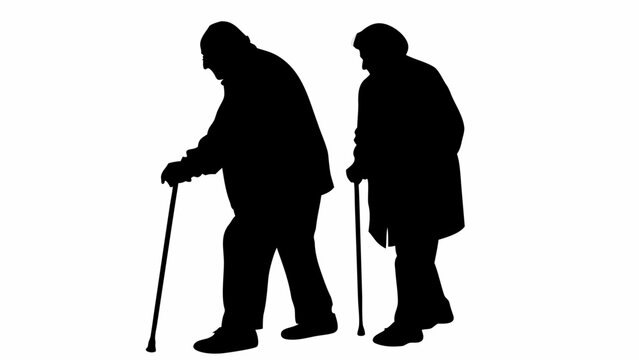 Elderly couple silhouette walking with canes symbolizes aging gracefully and senior companionship