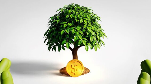 Financial growth concept with a sapling growing into a tree funded by a dollar coin investment