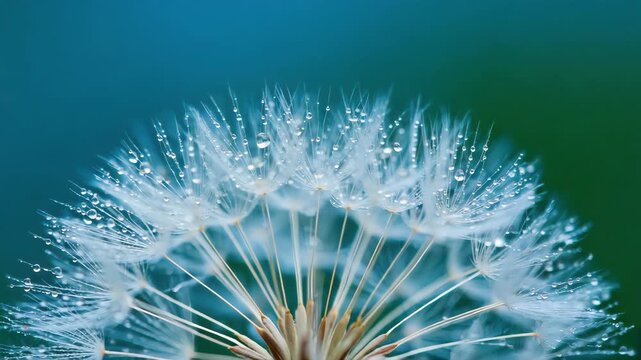 Macro close-up of a dandelion flower with delicate white seeds, detailed texture of filaments, soft blur green blue background