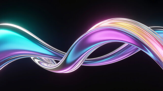 A mesmerizing digital artwork featuring a flowing, iridescent ribbon against a dark background, vibrant and dynamic