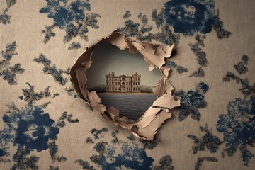 Broken Wallpaper Revealing Grand Mansion Over Water Scene