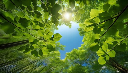 lush green leaves against blue sky with sunlight nature s canopy and tranquility