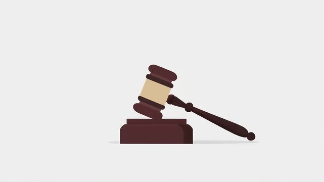 Illustrative animation of a gavel on a sound block over a white background legal decisions,