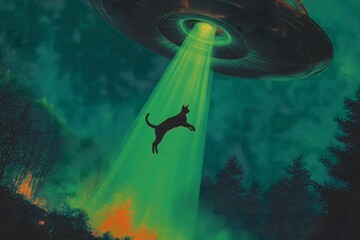 Cat Suspended in Alien Abduction Scene with UFO and Green Lights