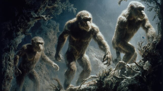 Evolution of Early Humans Walking Through a Cave with Warm Lighting and Scenic Background