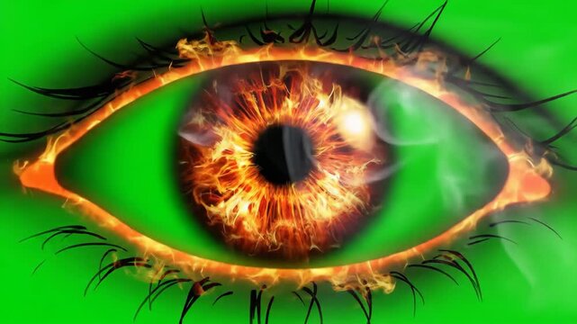 Fiery Eye on Green Background, Intense Gaze, Mystical Vision, Abstract Art, Digital Illustration, Hypnotic Look, Burning Iris, Surreal Concept, Visionary Art, Expressive Eye, Powerful Stare, Creative.
