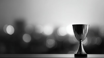 Black and white trophy with blurred city background, symbolizing success and achievement, monochrome sports award concept