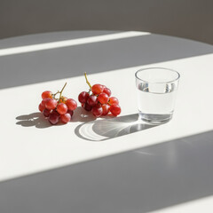 Two bunches of ripe red grapes and a clear glass filled with water sit on a white surface