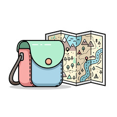 A colorful cartoon shoulder bag and a folded adventure map for travel and exploration.