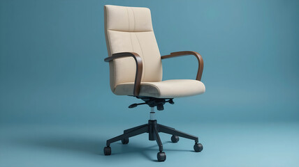 Fototapeta premium Elegant Modern Executive High-Back Office Chair with Black and Beige Leather Upholstery and Wooden Armrests on Blue Background for Business and Furniture Advertising