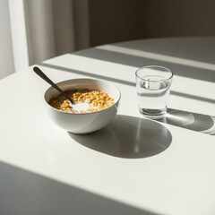 A bowl of cereal with milk and a glass of water on a sunlit white table