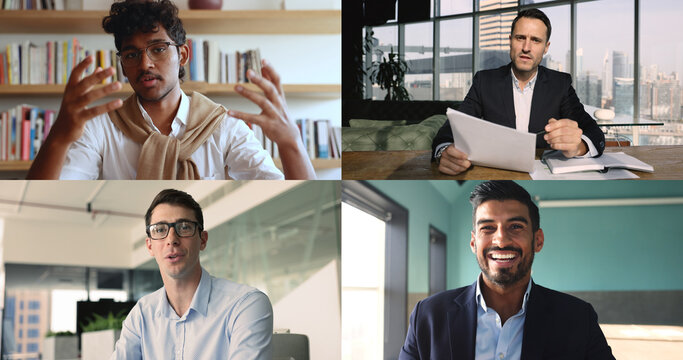 Collage view four multinational men looking at camera and talking - Powered by Adobe
